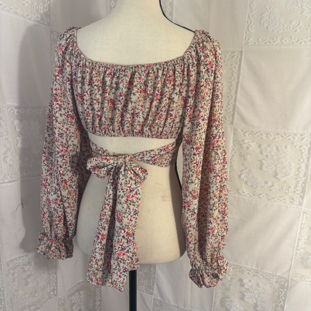 Floral Long Poet Sleeve Milkmaid Tie Back Crop Prairie Blouse Women's Size S-L